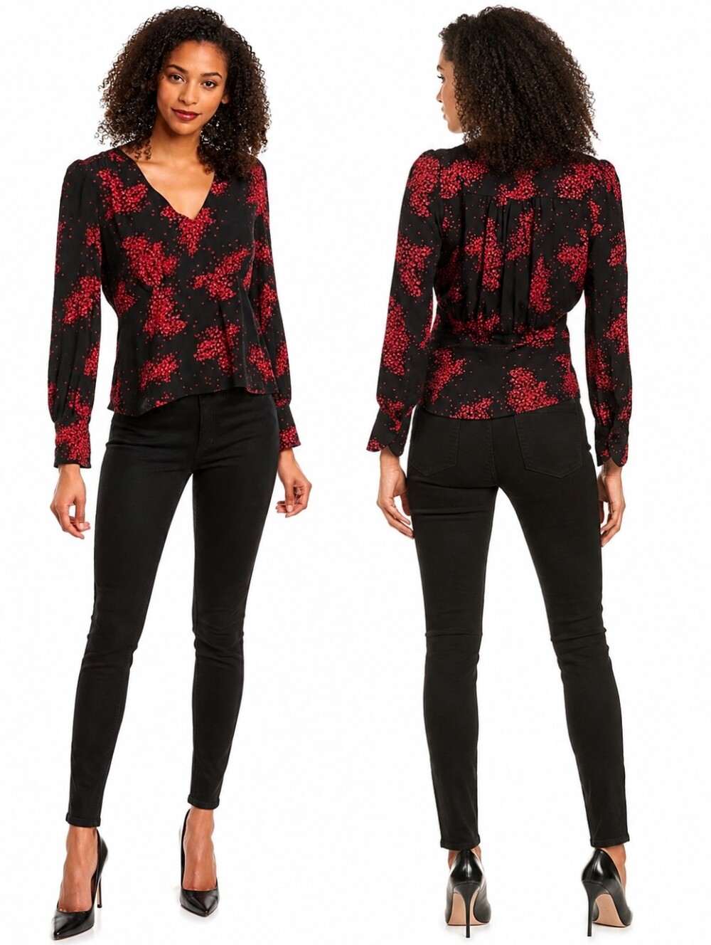 Ba&sh Black Red Floral Shirred Bruce Peplum Blouse